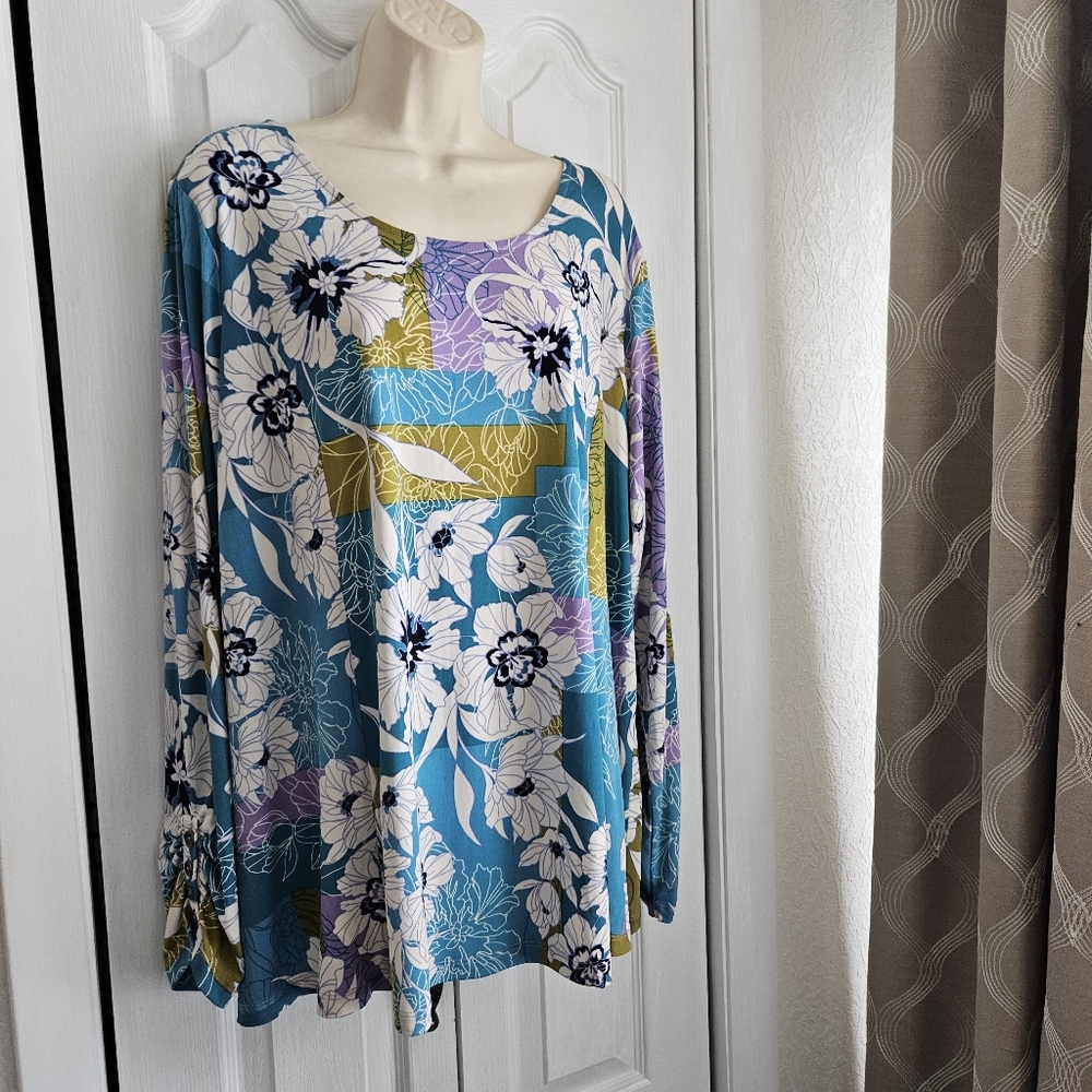 Susan Graver Teal Floral & Geometric Long Sleeve Scoop Neck Top Sz 2X